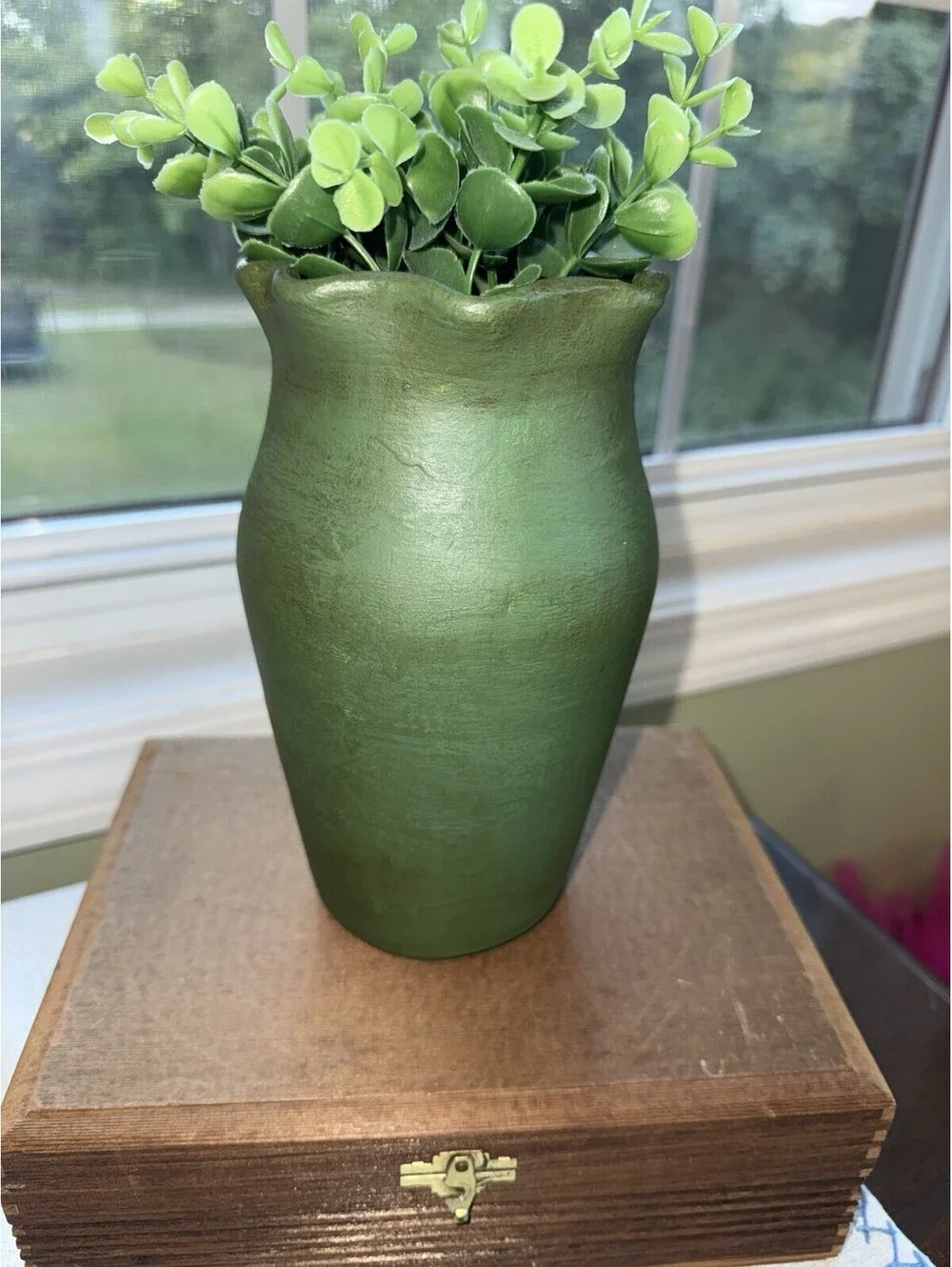 Green Ceramic Floral Vase, decorative scalloped rim, 8 in, cottagecore
